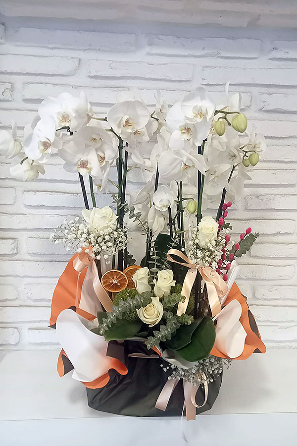 Beyazın İhtişamı Çok Dallı Beyaz Orkide ve Gül Aranjmanı