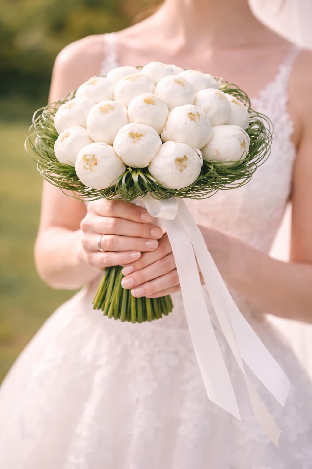 Saf İnciler Tomurcuk Beyaz Şakayık Gelin Buketi