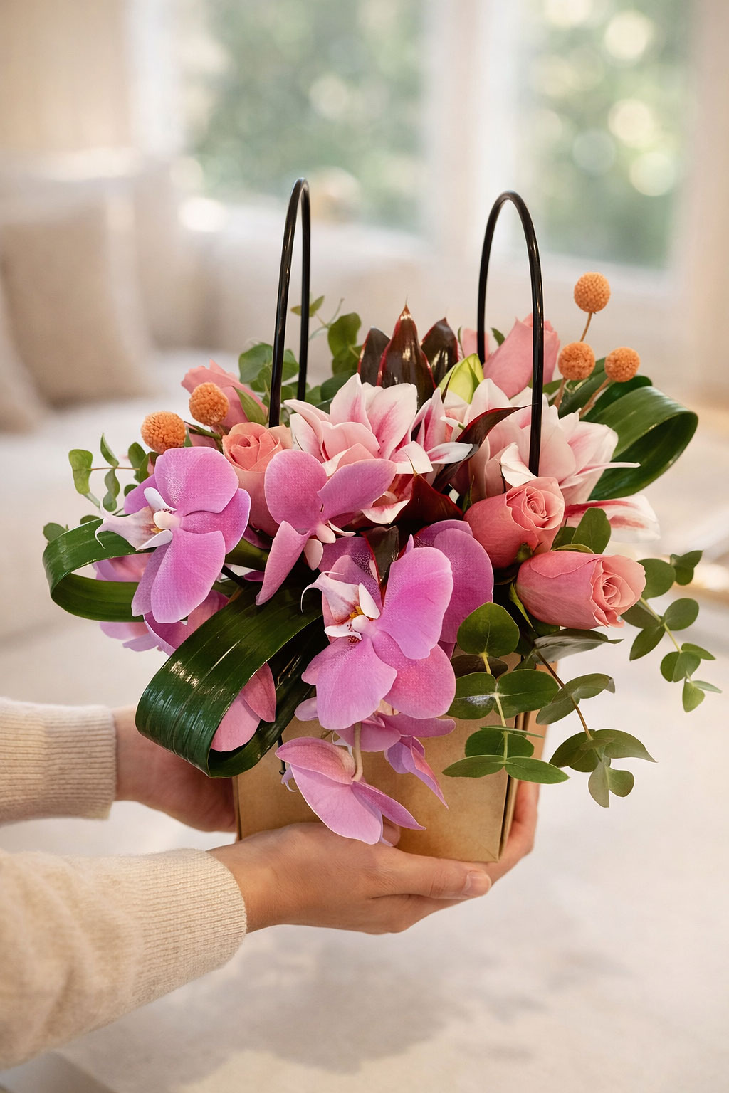 Pembe Cazibe Çanta Kutuda Orkide ve Gül Tasarımı