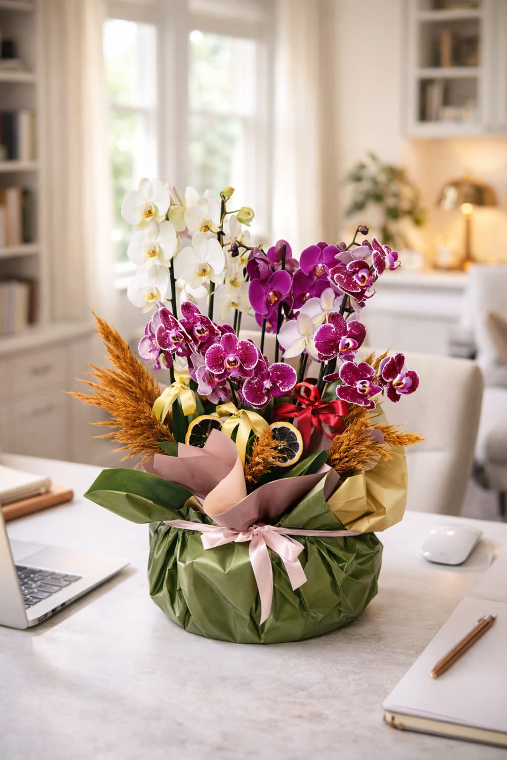 Doğal Esinti Beyaz ve Mor Mini Orkide Tasarımı