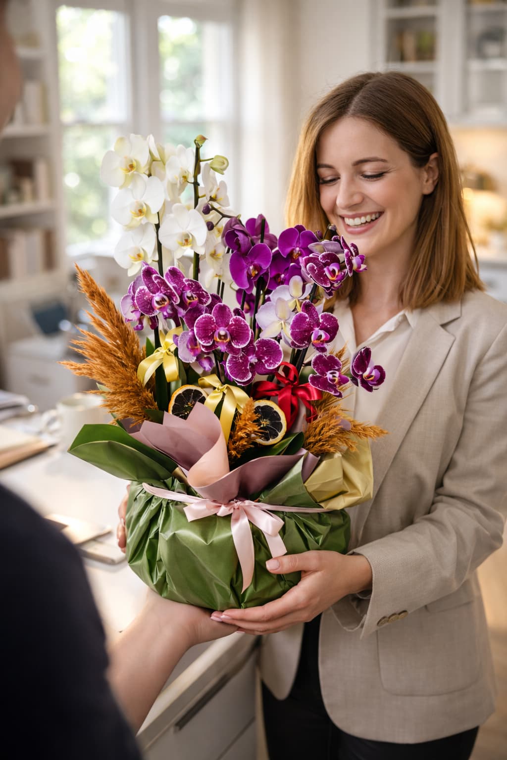 Doğal Esinti Beyaz ve Mor Mini Orkide Tasarımı