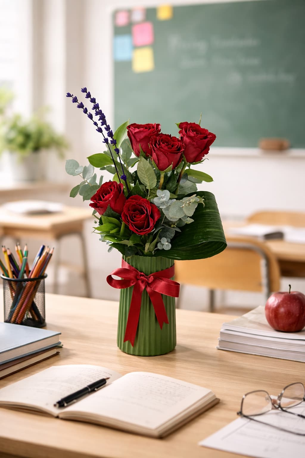 Kızıl Büyü 5 Kırmızı Gül ve Lavanta Aranjmanı