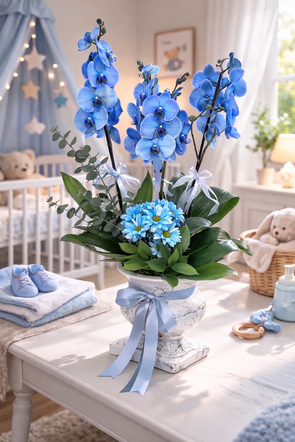 Okyanus Rüyası Ayaklı Vazoda 4 Dallı Mavi Orkide