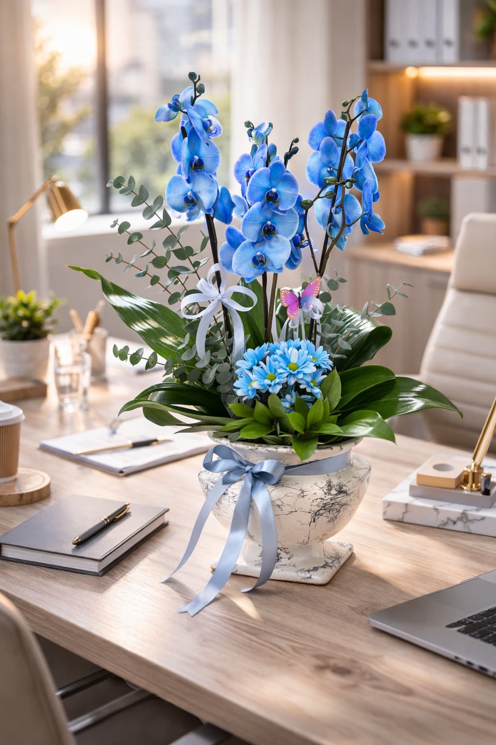 Okyanus Rüyası Ayaklı Vazoda 4 Dallı Mavi Orkide