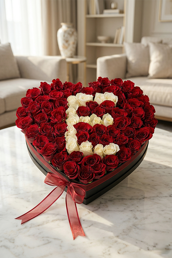 Aşka Özel Kalp Kutuda Baş Harfli Kırmızı Gül Tasarımı