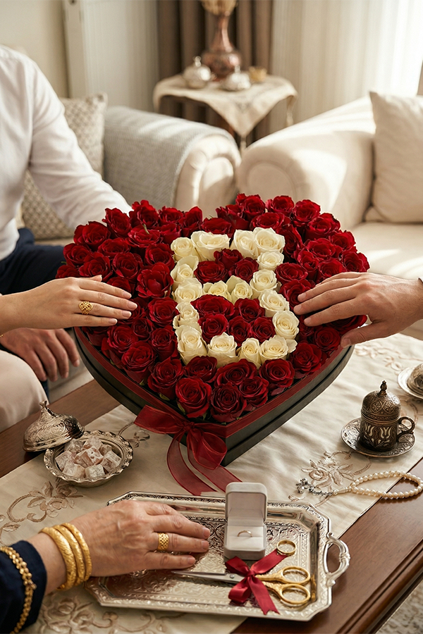 Aşka Özel Kalp Kutuda Baş Harfli Kırmızı Gül Tasarımı