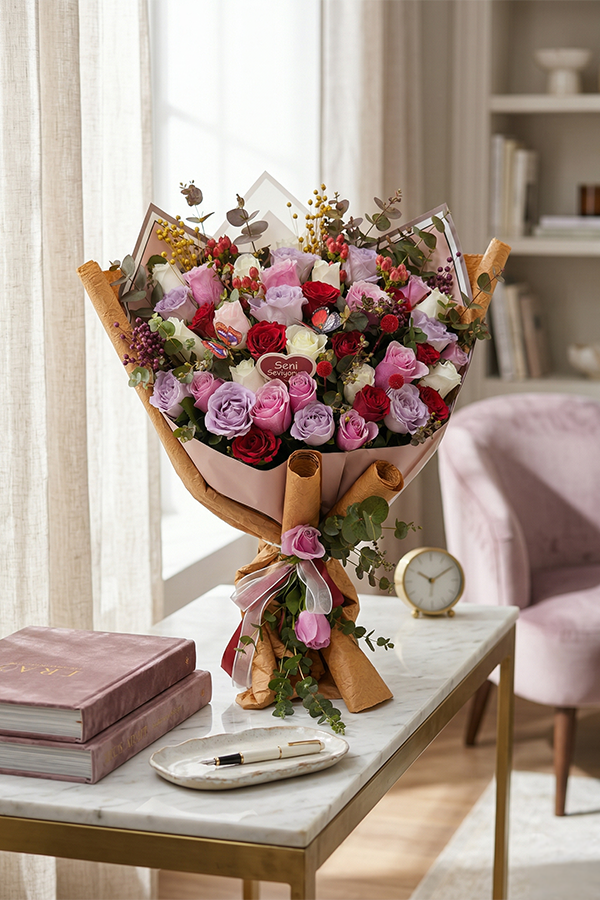 Aşkın Renkleri Renkli Gül Buketi